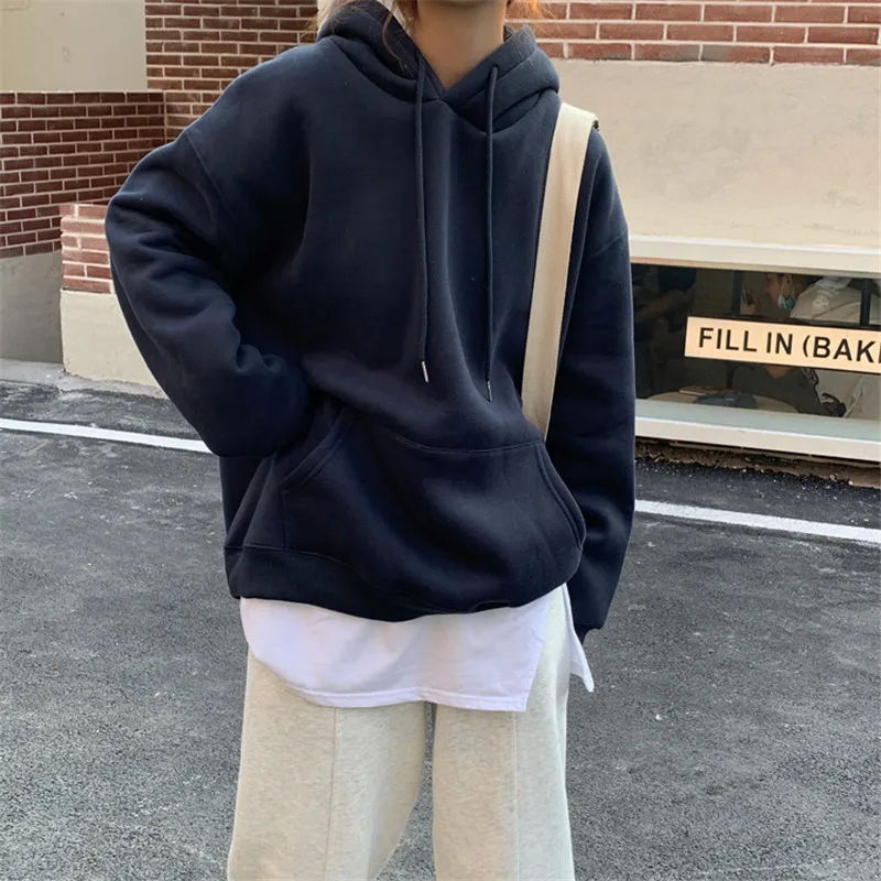 

HziriP Fashion Casual Plus Velvet Thick Warm Hooded Sweatshirt Women 2021 New OL All Match Loose Sweatshirts Solid Outwear Tops