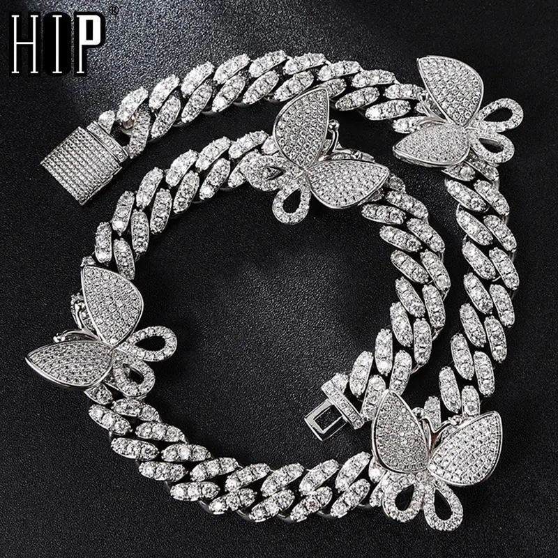 

Hip Hop 12MM CZ Cuban Chain With Butterfly Necklaces Iced Out Zircon Gold Silver Color Choker Bling Chains For Men Jewelry