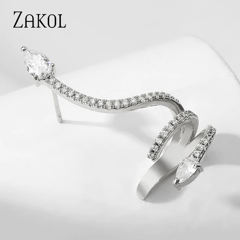 ZAKOL Fashion 1 Piece Punk Ear Clip Cz Zirconia Snake Shape Fake Cartilage Stud Earings for Women Girl Party Jewelry Gift | Украшения и