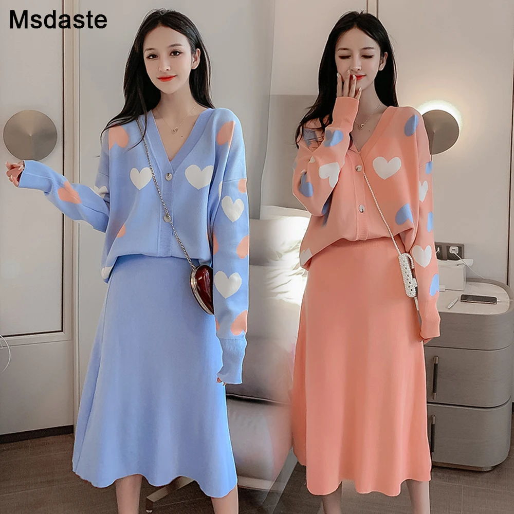 Женский комплект из 2 предметов вязаный свитер кардиган топ + юбка длинный рукав