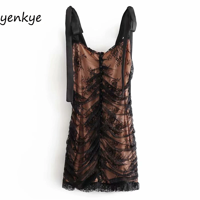 Романтичное женское ДРАПИРОВАННОЕ облегающее кружевное мини-платье с открытой