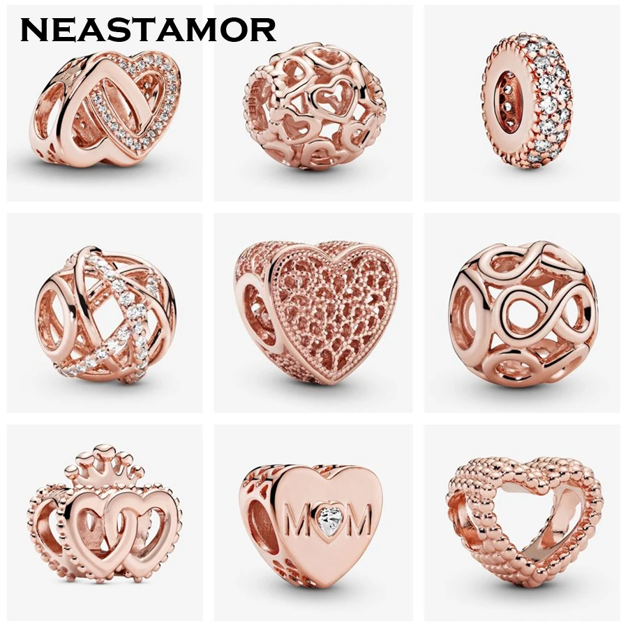 Модные Розовые Золотые открытые сердца амулеты для мам CZ бусины подходят к