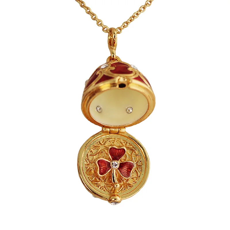Enamel Handmade Faberge Easter Egg Pendant Necklace Jewelry Locket Brass Vintage Crystal Clover Inside Gift To Women Girls