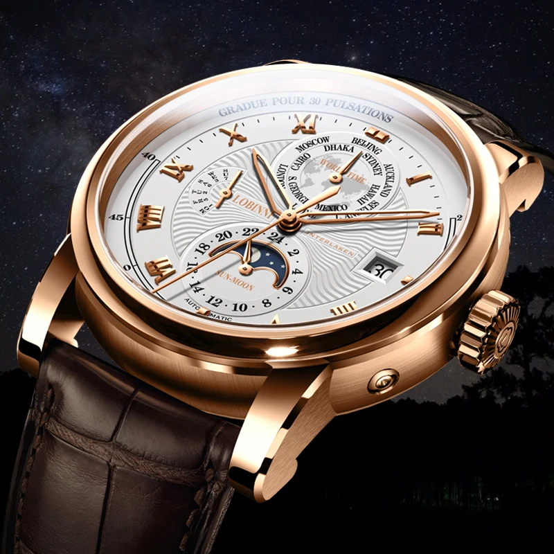 LOBINNI мужской роскошный бренд часов Moon Phase автоматические механические мужские
