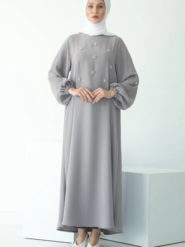 Solemn Abaya Long Dress Solid Color Hand Sewing Drill Raglan Sleeve Dress Middle East Ramadan Hui Dress Arab Women's Clothing