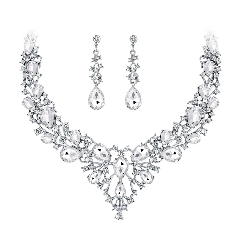 

New Jewelry Wedding Sets for Charming Women Accessories Rhinestone Glass Crystal Necklace Earrings Sets