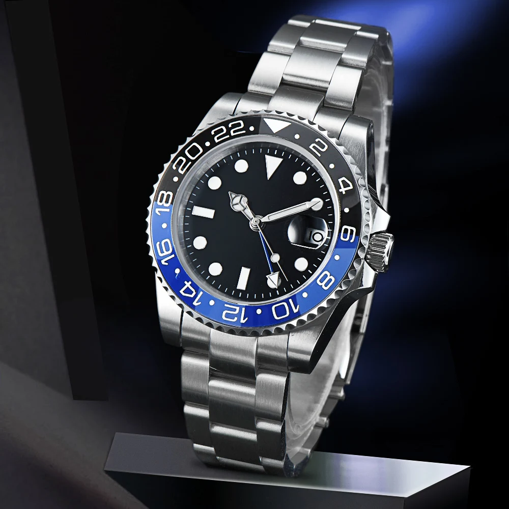 Часы GMT черный циферблат Авто 40 мм светящийся сапфировое стекло Керамическая