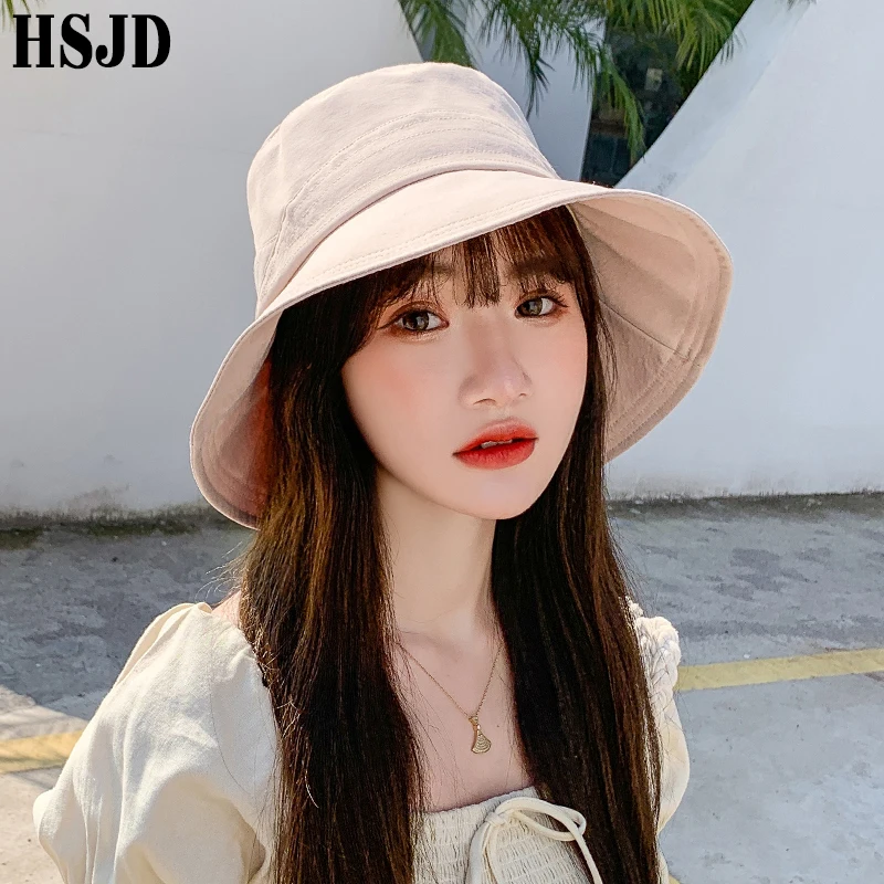 Summer Women Foldable Bucket Hat Solid Color Wide Brim Anti-UV Beach Cotton Sun Hats Female Panama Fisherman Hat Green Olives