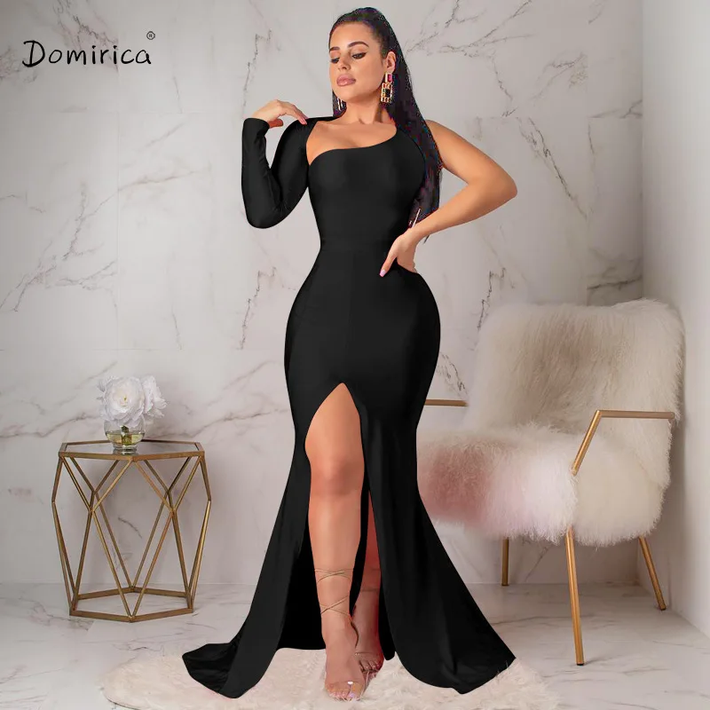 

Party Dresses Singular Shoulder Backless Long Prom Dress Chic One Sleeve Split Woman Vestidos 2021 Autumn Irregular Sexy Dress