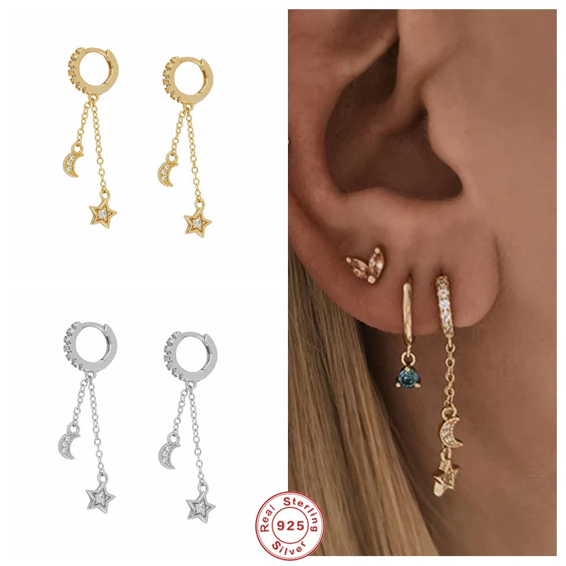

GS 925 Sterling Silver Cubic Zirconia Star Moon Charm Dangle Earrings For Women Double Chain Tassel Pendant Drop Earrings Gift