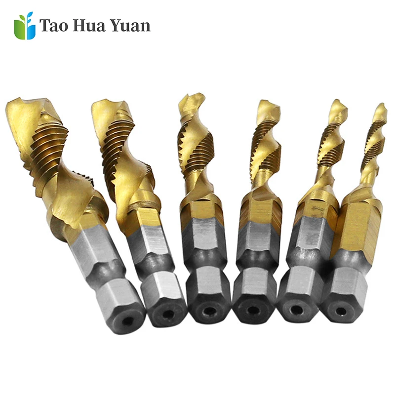 

6pcs/set M3-M10 Hex Shank Titanium Plated HSS Screw Thread Metric Tap Drill Bits Hand Tool Set Accessories Tao Hua Yuan AA