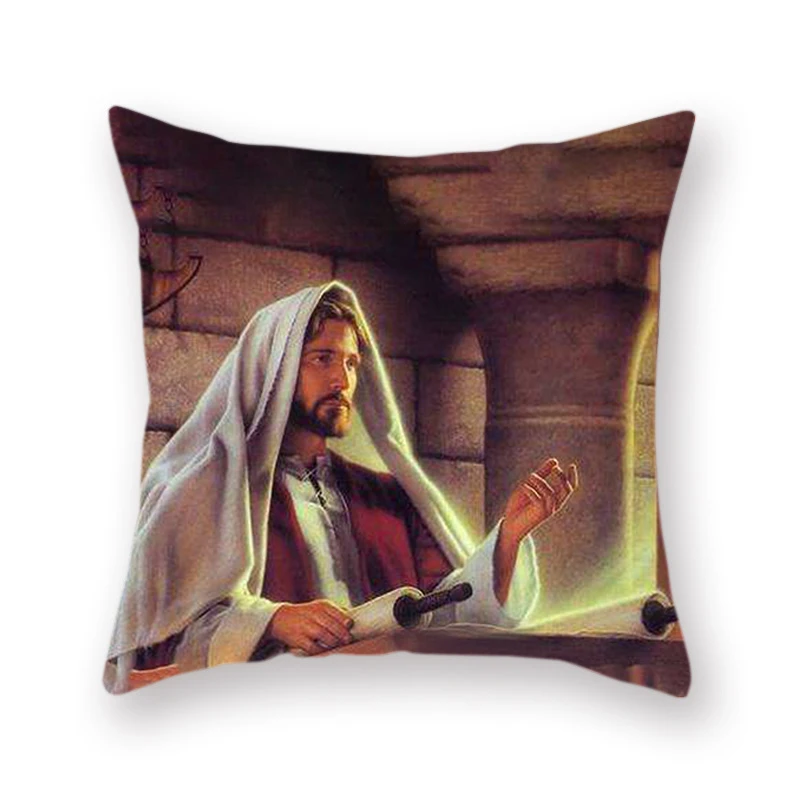 

45X45cm Oil Painting Home Decoration Religious Pillowcase Jesus Christ Portrait Art Faux Linen Sofa Cushion Cover Accessories
