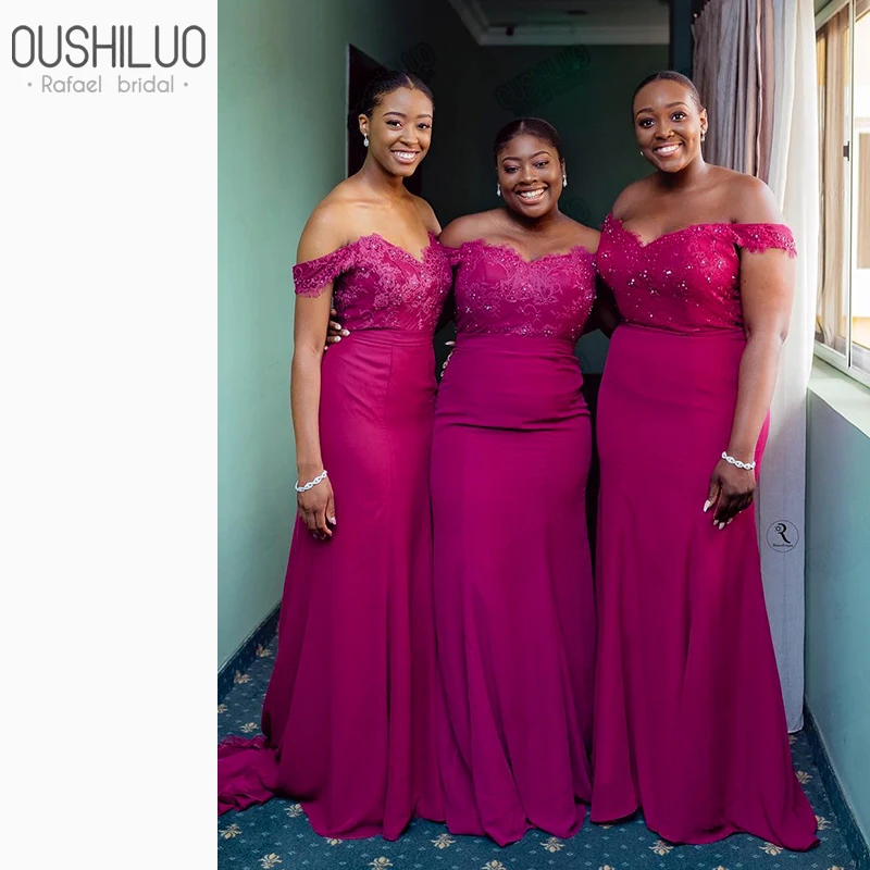 

Fuchsia Sheath Bridesmaid Dresses Long For Nigerian Wedding Banquet Elegant Off Shoulder Sweetheart Bridesmaid Dress Sweep Train