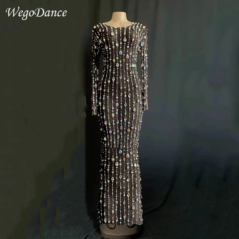 Лидер продаж женское Сетчатое платье стразы с жемчугом длинное прозрачное