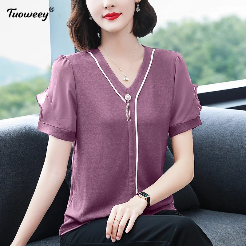 

Новинка, женская блуза с коротким рукавом, пуловер, модная Лоскутная шифоновая блузка, рубашка, свободные пуговицы, топы, повседневная Летня...