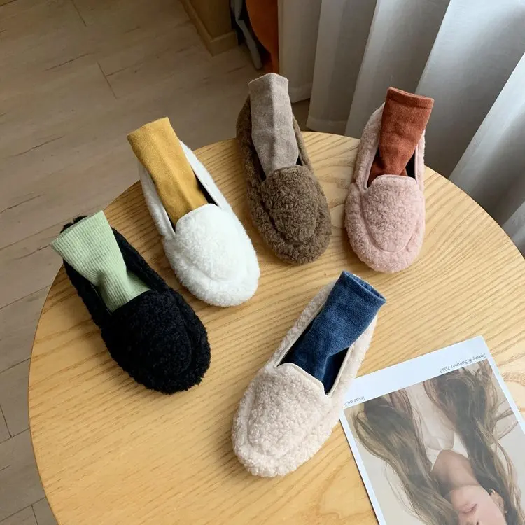 

Furry Shoes Women's Cotton Shoes Autumn and Winter Flat-bottomed Curly Women's Flat Shoes Plus Velvet Cotton Shoes Women