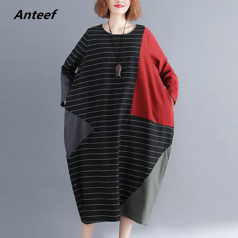 Женское винтажное платье в полоску размера плюс с длинным рукавом из хлопка и