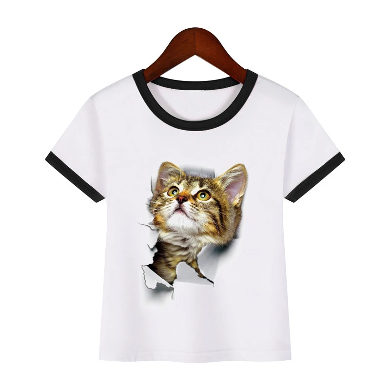 Детская забавная футболка с 3D-принтом кошки летняя одежда короткими рукавами и