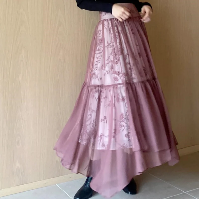 

Fashion Women Skirts 2021 Spring and Summer New High-waist Solid Color Mesh Lace Stitching Skirts Female