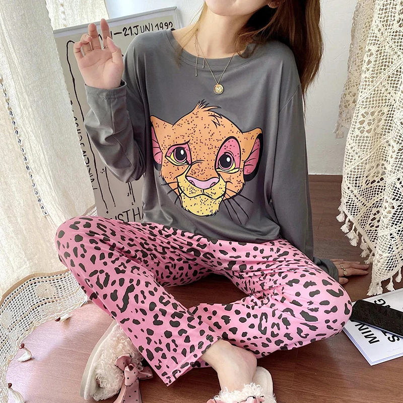 Disney Women Pajamas Set Silk Cotton Girls Cartoon Mickey Minnie Sleepwear Tops Pants Home Clothing Pyama Woman Ropa Mujer | Женская