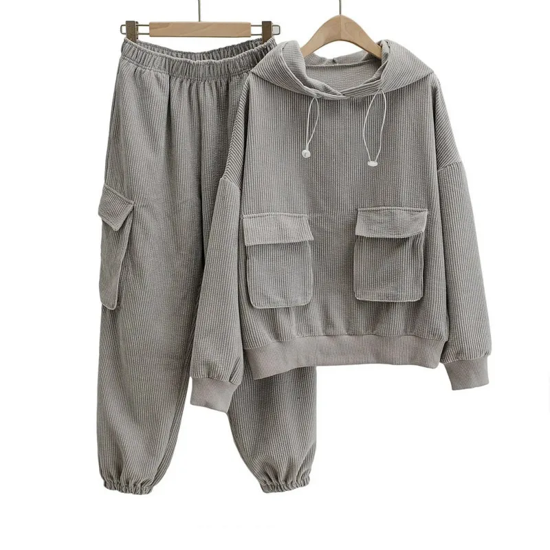 

Autumn and Winter Corduroy Large Pocket Hooded Sweater + High Waist Loose Beam Feet Harem Pants Suit two piece set