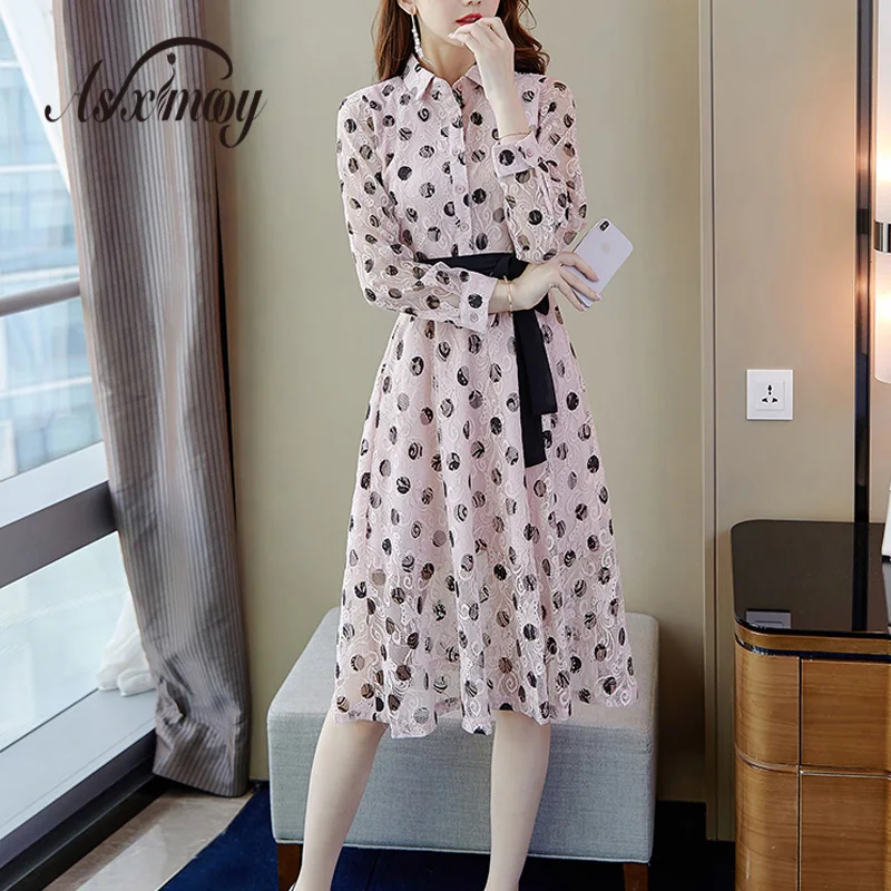 Кружевное женское платье Элегантное ТРАПЕЦИЕВИДНОЕ ПЛАТЬЕ в горошек с длинным