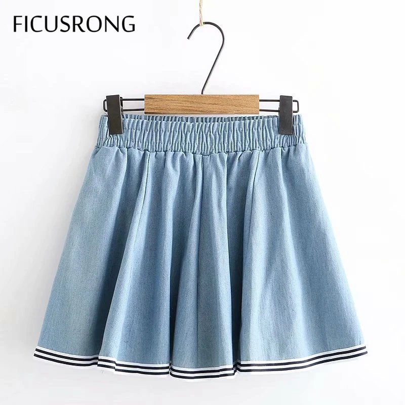 2020 Новая летняя джинсовая юбка в темно синюю полоску для девочек Женская мини с