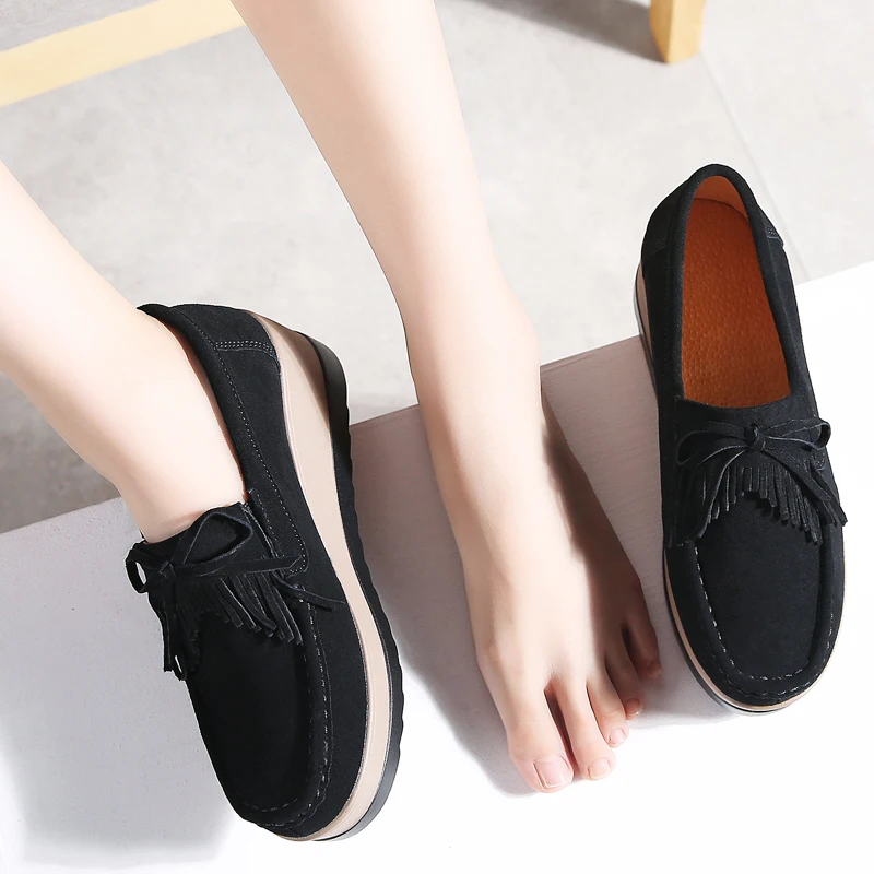 BEYARNEAutumn Women Platform shoes leather suede plush slip on sneakers chaussure woman tassel fringe loafers women shoesE027 images - 6