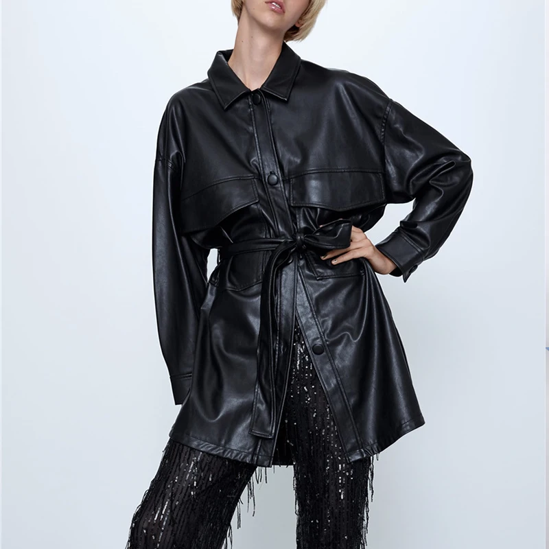 Новая модная свободная длинная куртка из искусственной кожи с ремнями Женская