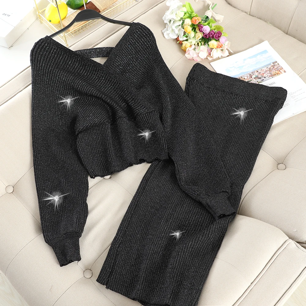 SINGRAIN женский свитер из люрекса + вязаная юбка карандаш блестящие вязаные