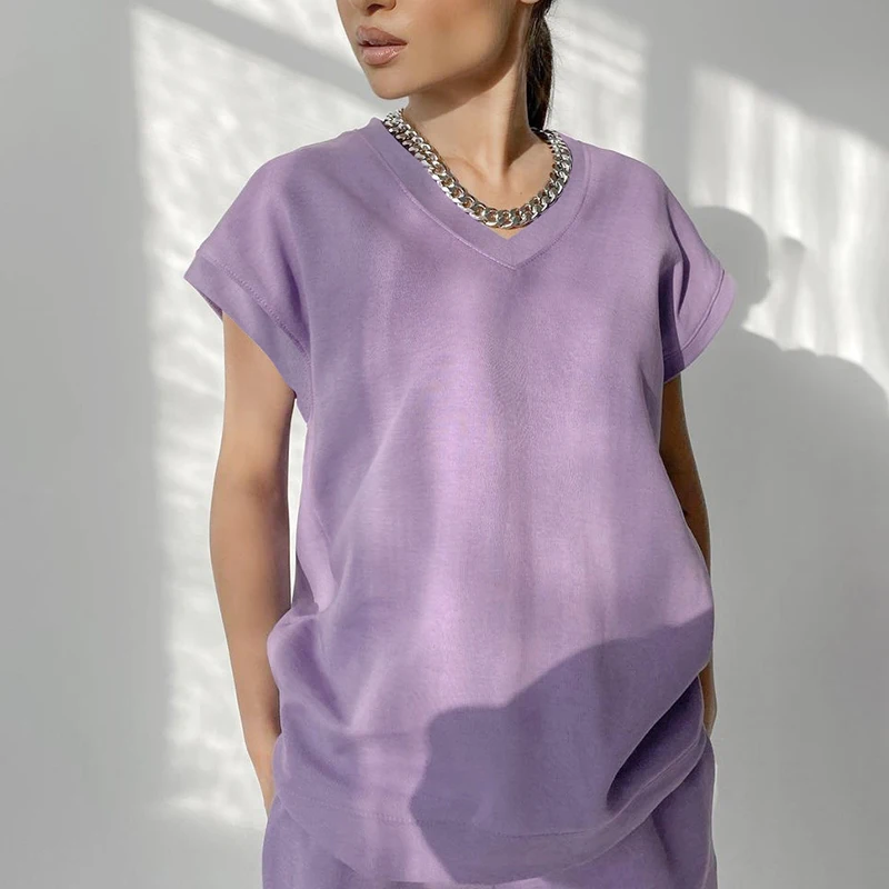 

ONEINALL Solid Two Piece Set For Women V Neck Short Sleeve Tops High Waist Loose Pants Casual Sets Females Summer 2021 Clothing