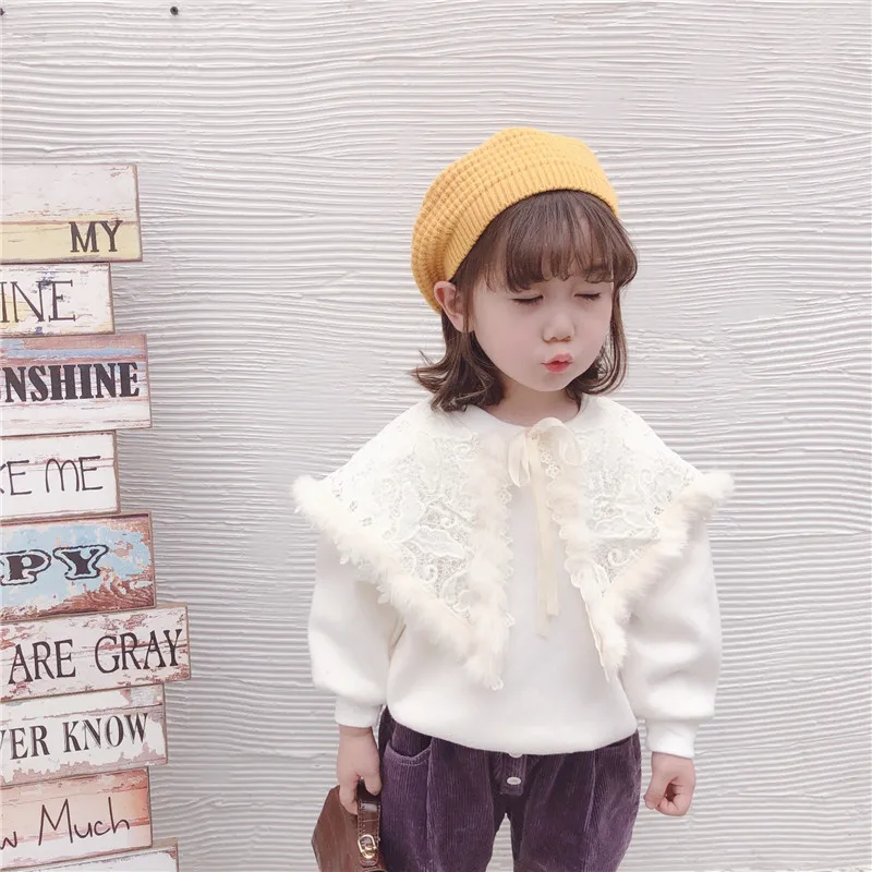 

Baby Girl Lovely Sweaters 2019 Winter New Toddler Girl Cute White Sweaters Kids Long Sleeve Lapel Sweatshirt Kids Top Tees 2-7Y