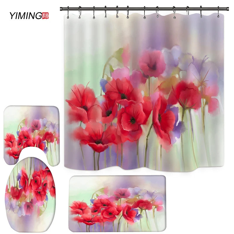 yiming new floral fragrance printing bathroom set shower curtain bathroom mat toilet cover set shower curtain home decoration free global shipping