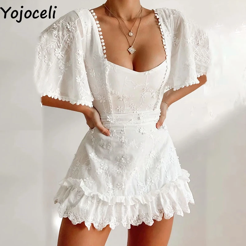 

Yojoceli Sweet women ruffle lace fringe dress Summer party casual embroidery dress Flare sleeve short vintage dress