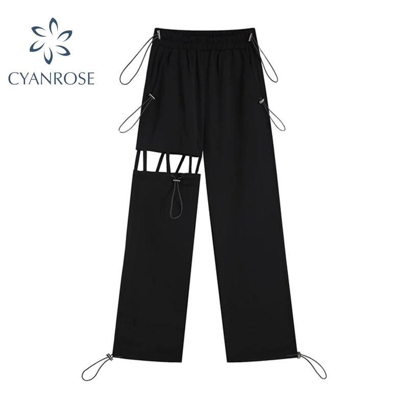 Модные брюки с высокой талией в стиле Харадзюку лето 2021 свободные черные панк