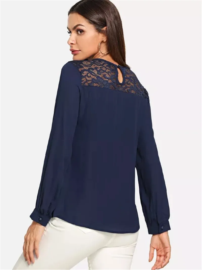 

Lace Stitching Bow O-Neck Lantern Sleeve Solid Office Lady OL Women Chiffon Shirt Top Tunique Femme Ropa Para Mujer Dames Blouse