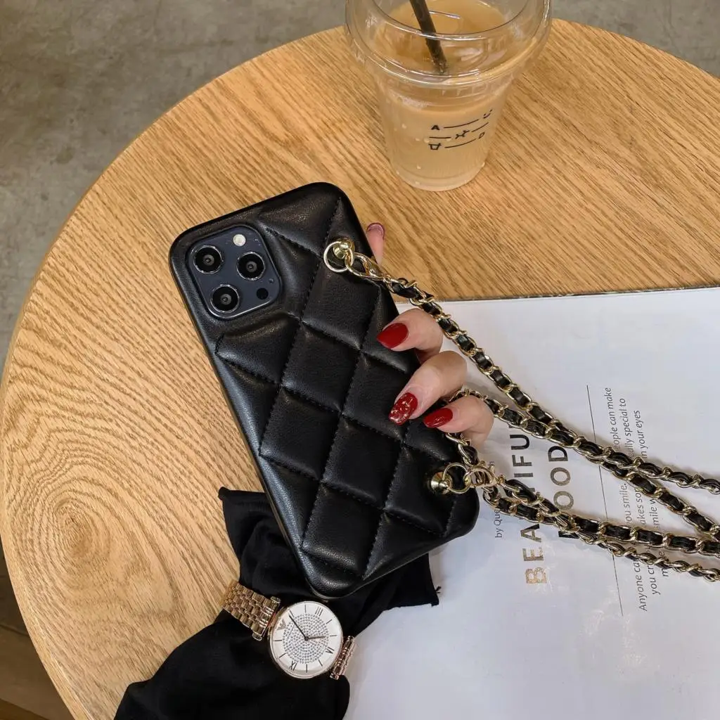 Fashion Long Metal Chain Cross Body Handbag Design Lambskin Leather Case CoverFor Iphone 14  Pro 12 11 13 mini XS Max  8 7 Plus 