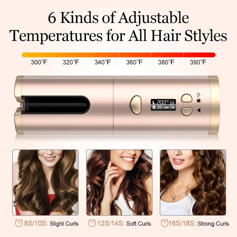 

Cordless Hair Curler Rechargeable 8-18s Auto Curling Anti-scalding Curler 6Levels Temperatures Mode for All Hair Type