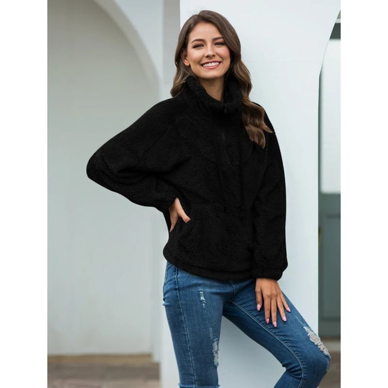 

Women Soft Plush Sweatshirt Long Sleeve Zipper Up Stand Collar Warm Pullovers Tops