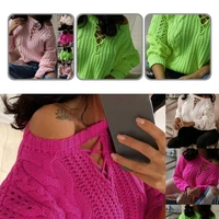 autumn winter trendy off shoulder twisted knitwear casual women sweater crew neck ladies clothing