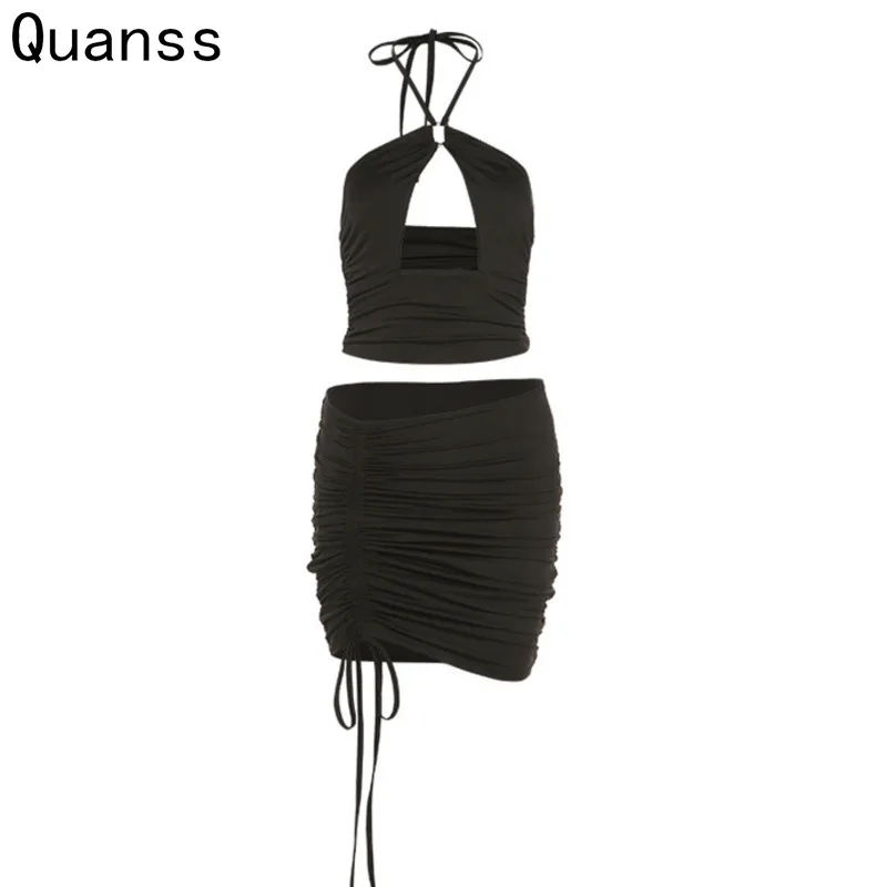 

Quanss Halter Draw String Платье Set Лето Без Спины Выдолбленная Сексуальная Юбка Из двух частей и Топ Комплект Женский Модный Клуб Бодикон Костюмы
