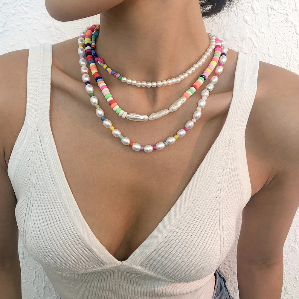

Hip Hop Bead Necklace Imitation Pearl Alloy Necklace Vintage Resin Collarbone Necklace Set Women Boho Cute Sweet Jewelry Chain