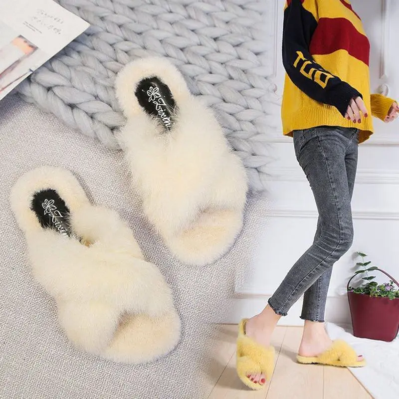

AIBA Women Slippers Fashion Solid Color Peep Toe Fur Slippers Woman Casual Shallow Flat Shoes Winter Slides Shoes For Women