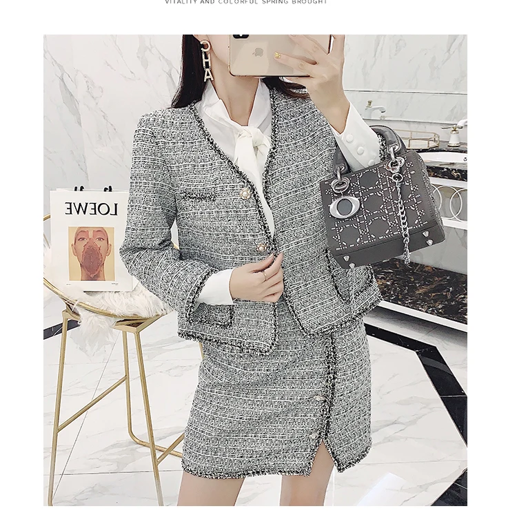 Твидовые комплекты из 2 предметов элегантные женские двух Ретро перьевые