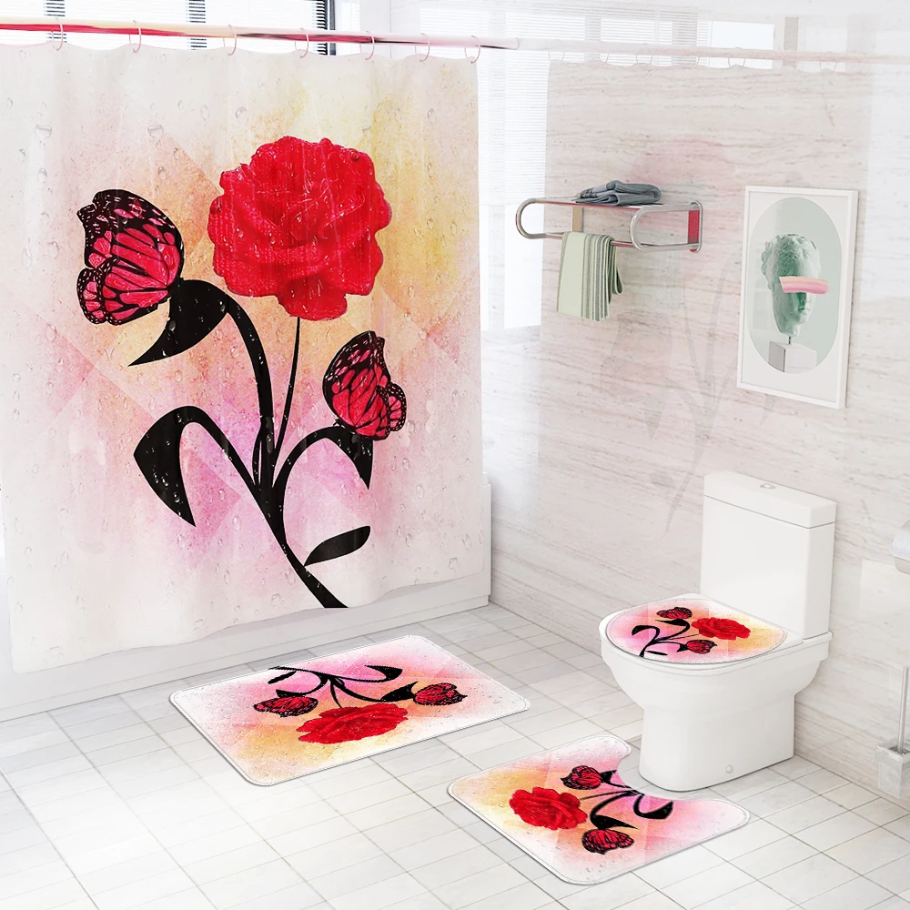 

Rose Butterfly Print 3D Shower Curtain Waterproof Polyester Bathroom Decoration Home Non-slip Soft Bath Mat Toilet Rugs Carpet