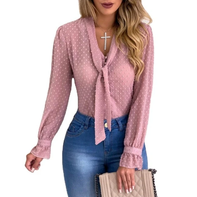 

Fashion Loose Long Sleeve Top Casual V-Neck Women Blouse The Slightly Transparent Shirt Plus Size S-5XL