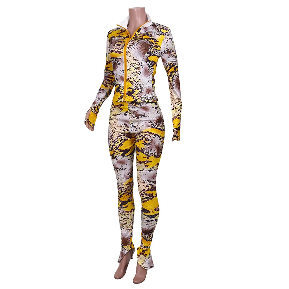 

Women Two Piece Set Snake Print Sexy Bodycon 2 Pieces Clothing Autumn Long Sleeve Zipper Outfits Fashion Streetwear