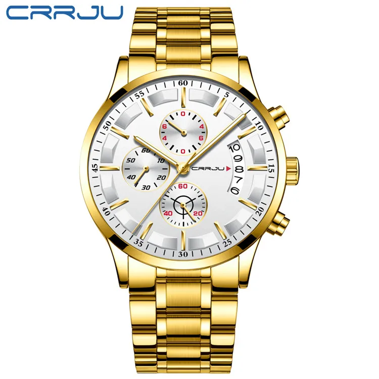S gold White CRRJU Топ люксовый бренд для мужчин бизнес аналоговые кварцевые часы из нержавеющей стали ремешок наручные часы Relogio Masculino часы Horloges Hours - Цвет: S gold White