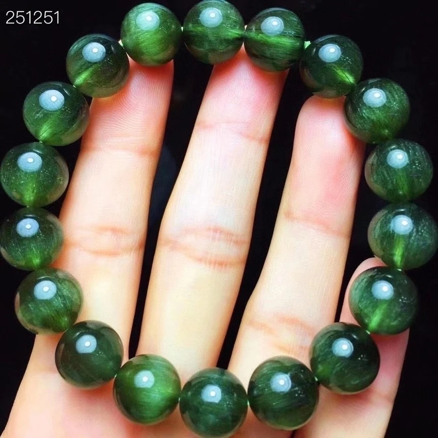 

11.2mm Genuine Natural Green Rutilated Quartz Cat Eye Bracelet Brazil Women Men Stretch Crystal Round Beads Genuine AAAAAA