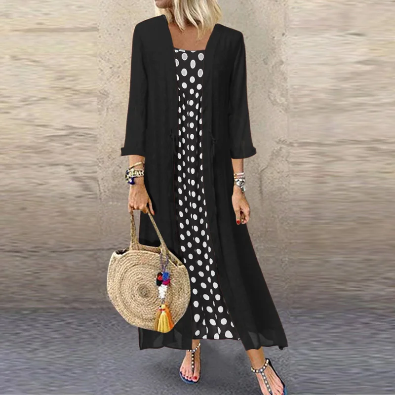 Black Lipswag 5XL Women Autumn Two Piece Set Long Sleeve Party Dress Casual O Neck Polka Dot Sundress Elegant Plus Size Female Dresses - Цвет: Black